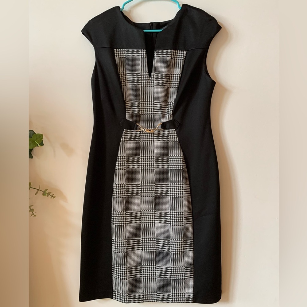 Connected Apparel Size 8 Sheath Dress Black White Houndstooth Cap Sleeves